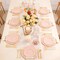 175PCS Pink Plates with Gold Disposable Silverware - Include 50 Pink Plastic Plates,25 Knives,25 Forks,25 Spoons,25 Cups and 25 Napkins - Ideal for Party/Wedding/Easter Day